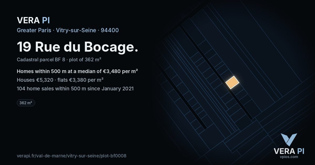 19 Rue du Bocage, Vitry-sur-Seine at night – the plot lit, the parcels around coloured by the prices near them