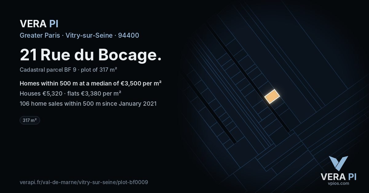 21 Rue du Bocage, Vitry-sur-Seine at night – the plot lit, the parcels around coloured by the prices near them