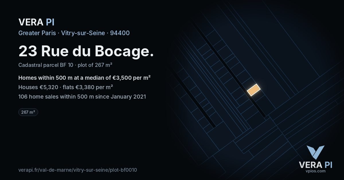 23 Rue du Bocage, Vitry-sur-Seine at night – the plot lit, the parcels around coloured by the prices near them