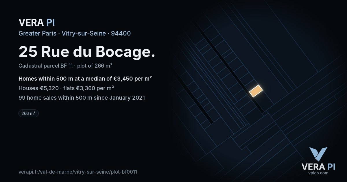 25 Rue du Bocage, Vitry-sur-Seine at night – the plot lit, the parcels around coloured by the prices near them
