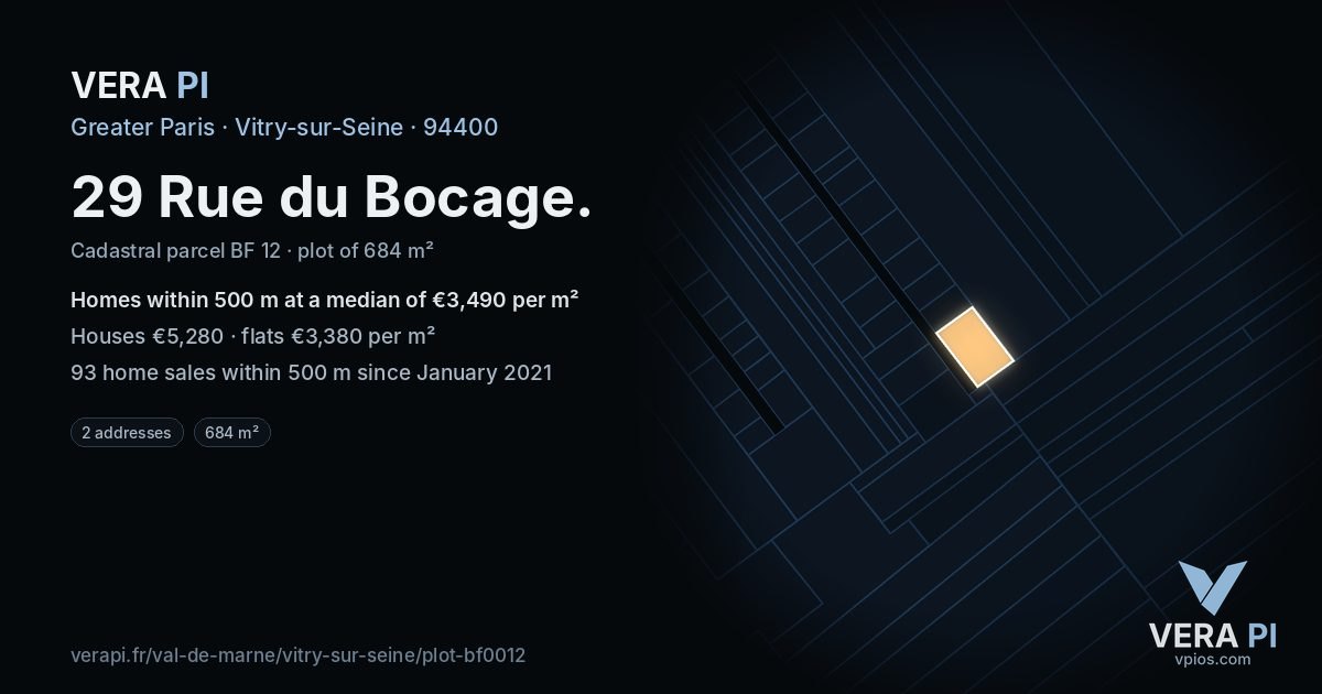 29 Rue du Bocage, Vitry-sur-Seine at night – the plot lit, the parcels around coloured by the prices near them