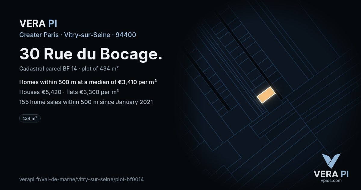 30 Rue du Bocage, Vitry-sur-Seine at night – the plot lit, the parcels around coloured by the prices near them