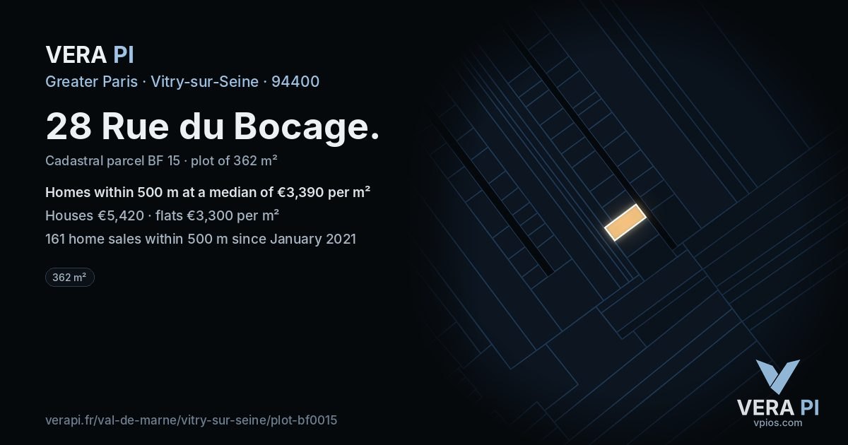 28 Rue du Bocage, Vitry-sur-Seine at night – the plot lit, the parcels around coloured by the prices near them