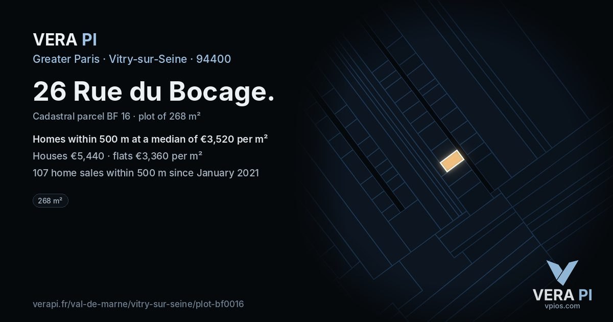 26 Rue du Bocage, Vitry-sur-Seine at night – the plot lit, the parcels around coloured by the prices near them