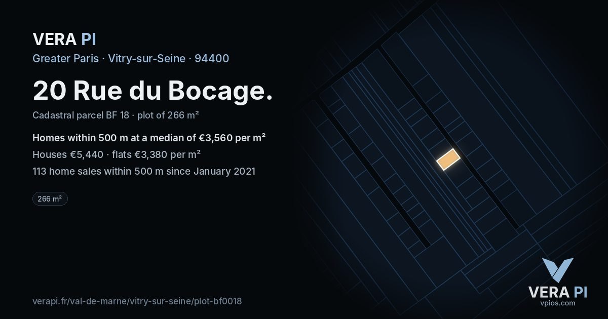 20 Rue du Bocage, Vitry-sur-Seine at night – the plot lit, the parcels around coloured by the prices near them