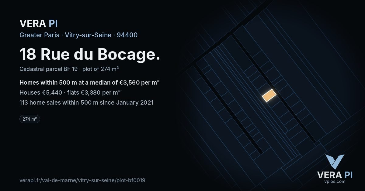 18 Rue du Bocage, Vitry-sur-Seine at night – the plot lit, the parcels around coloured by the prices near them