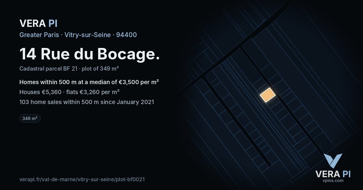 14 Rue du Bocage, Vitry-sur-Seine at night – the plot lit, the parcels around coloured by the prices near them