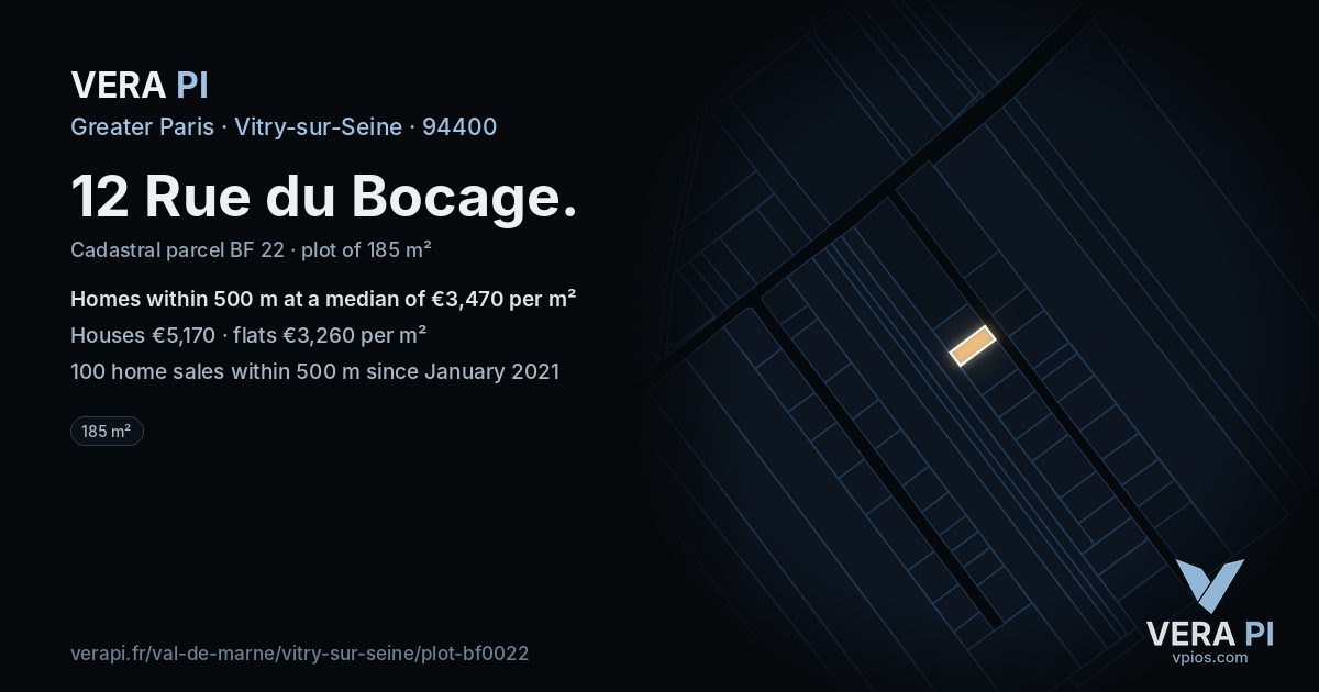 12 Rue du Bocage, Vitry-sur-Seine at night – the plot lit, the parcels around coloured by the prices near them