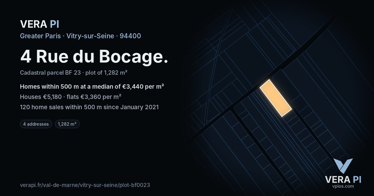 4 Rue du Bocage, Vitry-sur-Seine at night – the plot lit, the parcels around coloured by the prices near them