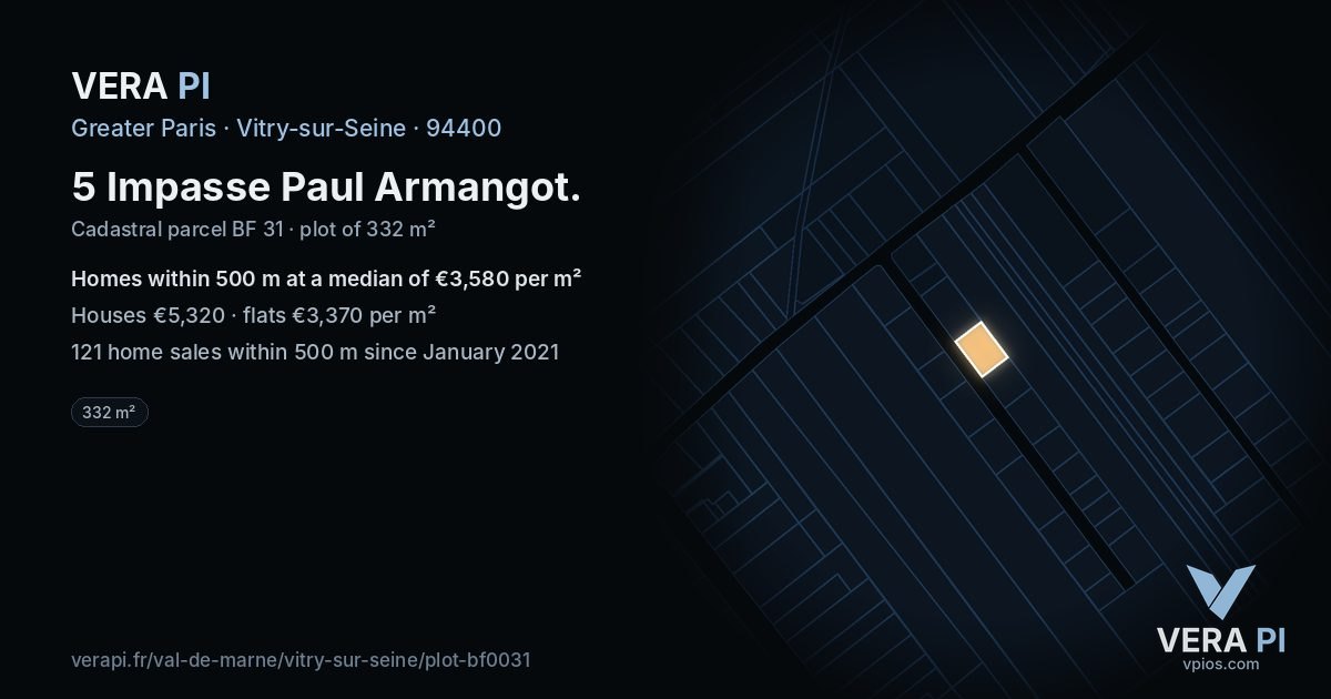 5 Impasse Paul Armangot, Vitry-sur-Seine at night – the plot lit, the parcels around coloured by the prices near them