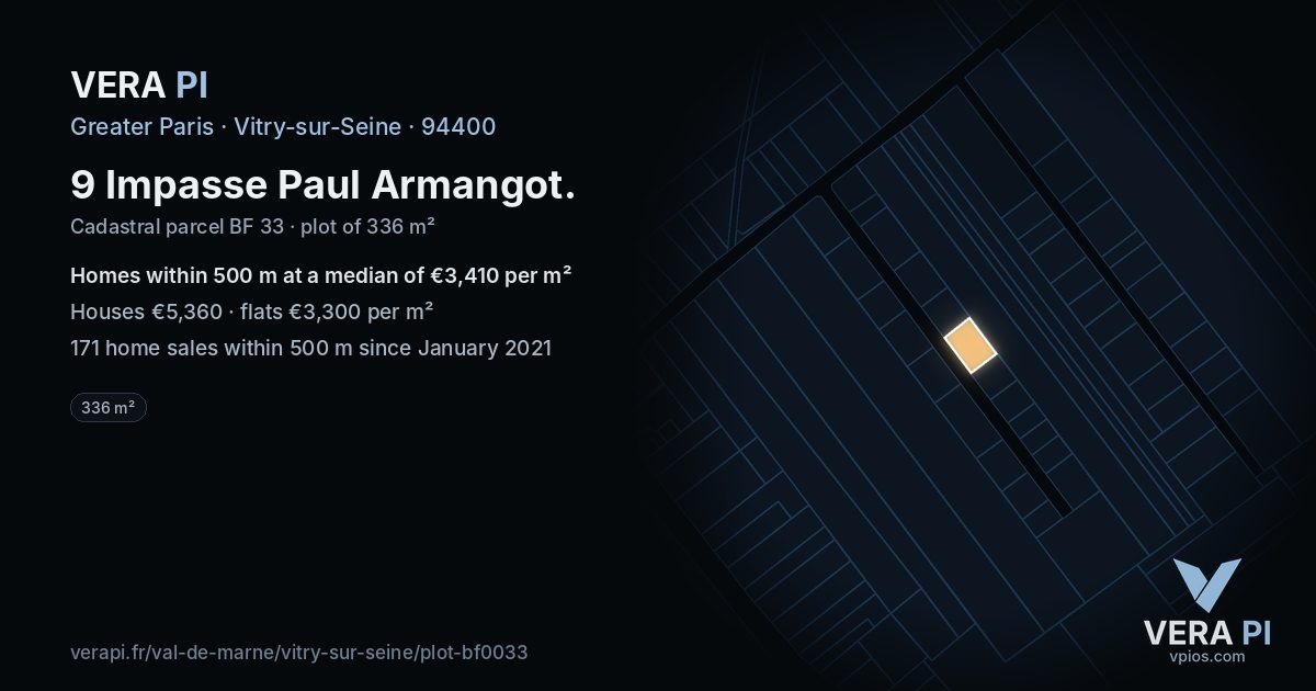 9 Impasse Paul Armangot, Vitry-sur-Seine at night – the plot lit, the parcels around coloured by the prices near them