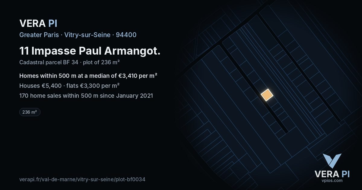 11 Impasse Paul Armangot, Vitry-sur-Seine at night – the plot lit, the parcels around coloured by the prices near them