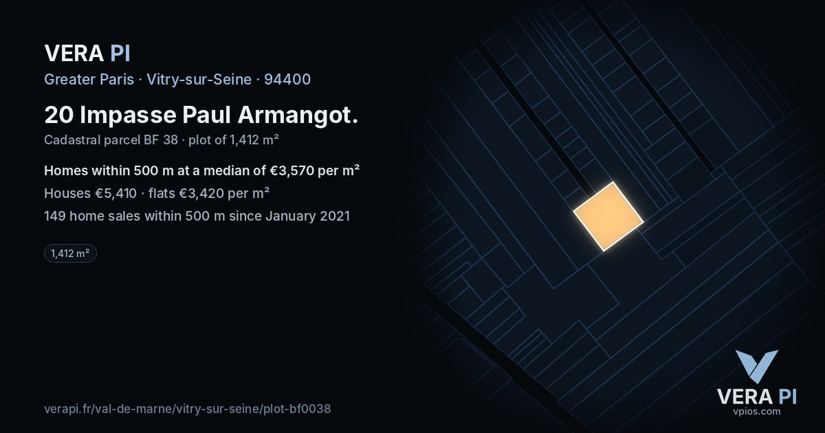 20 Impasse Paul Armangot, Vitry-sur-Seine at night – the plot lit, the parcels around coloured by the prices near them