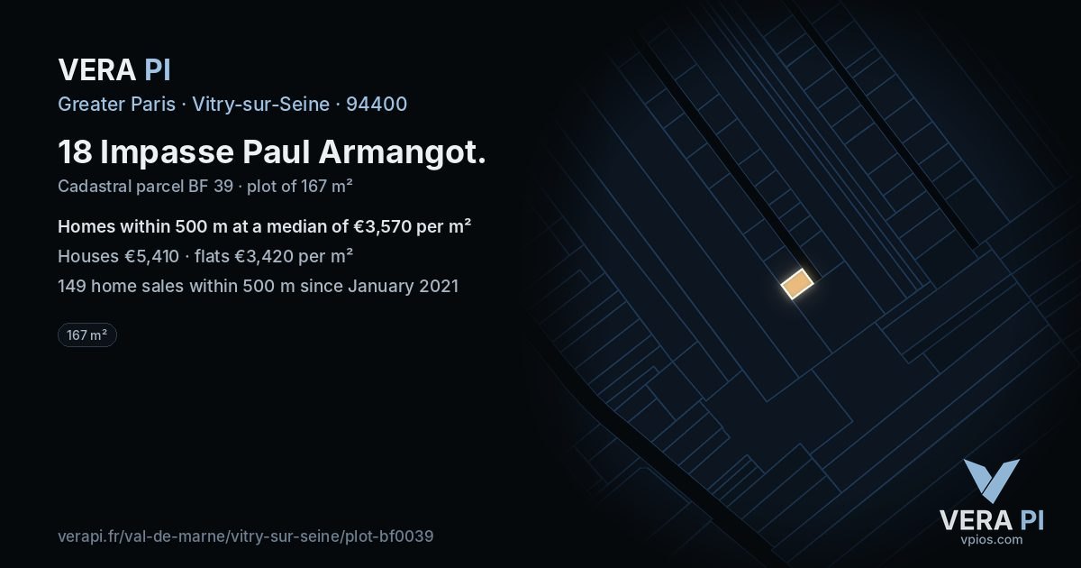 18 Impasse Paul Armangot, Vitry-sur-Seine at night – the plot lit, the parcels around coloured by the prices near them