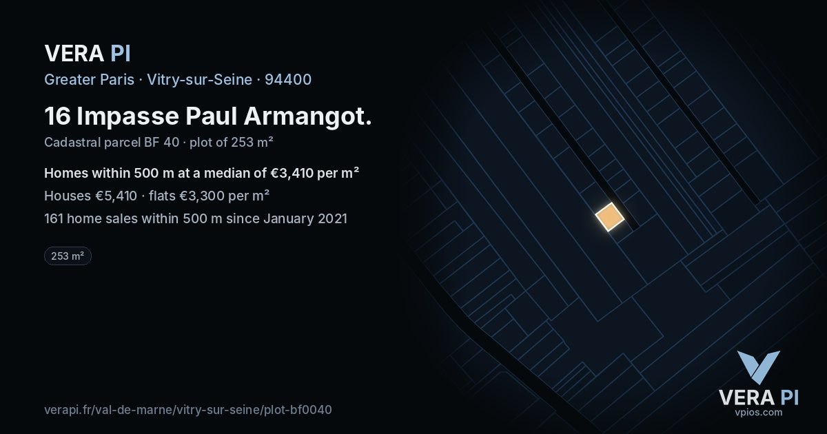 16 Impasse Paul Armangot, Vitry-sur-Seine at night – the plot lit, the parcels around coloured by the prices near them