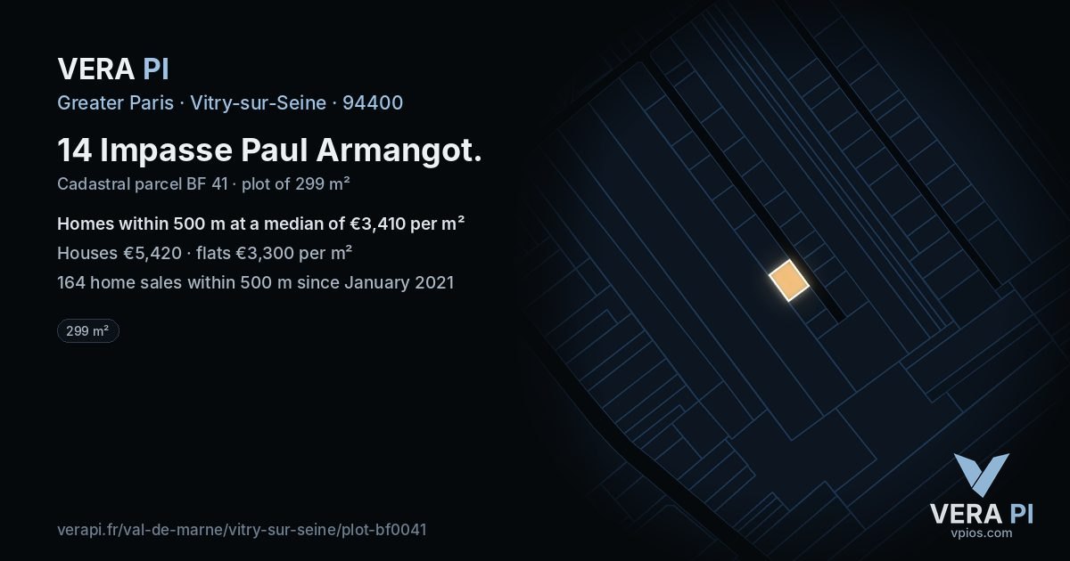14 Impasse Paul Armangot, Vitry-sur-Seine at night – the plot lit, the parcels around coloured by the prices near them