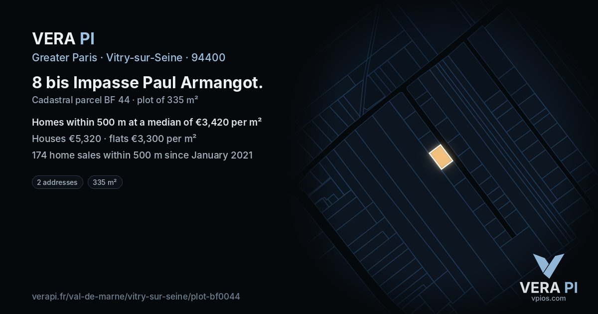 8 bis Impasse Paul Armangot, Vitry-sur-Seine at night – the plot lit, the parcels around coloured by the prices near them