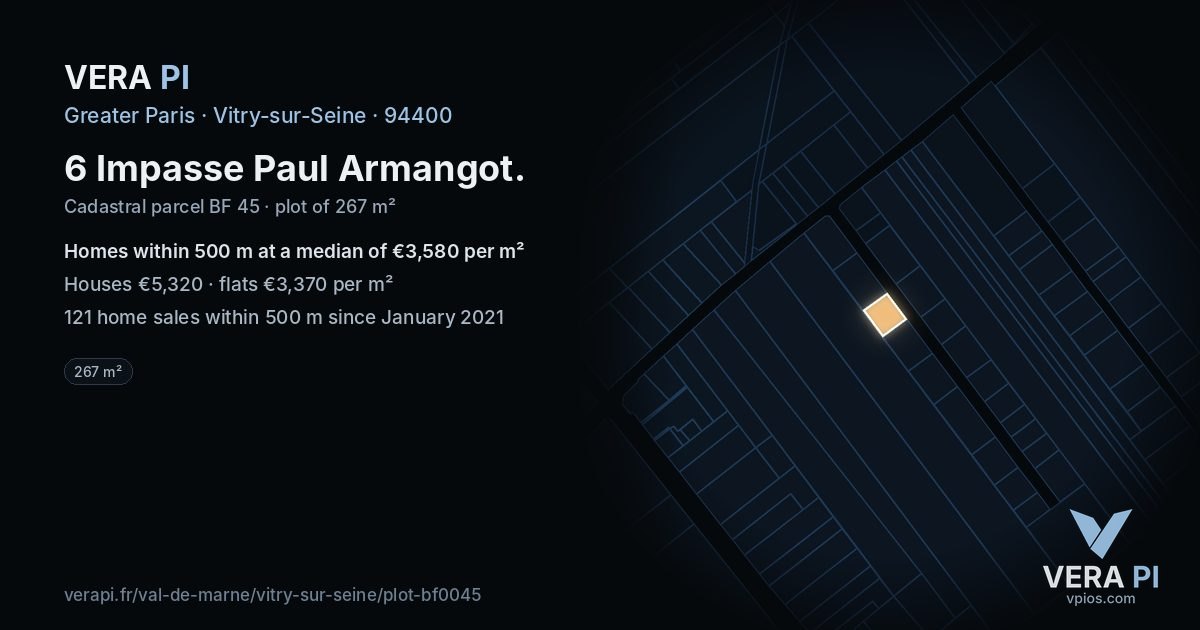 6 Impasse Paul Armangot, Vitry-sur-Seine at night – the plot lit, the parcels around coloured by the prices near them
