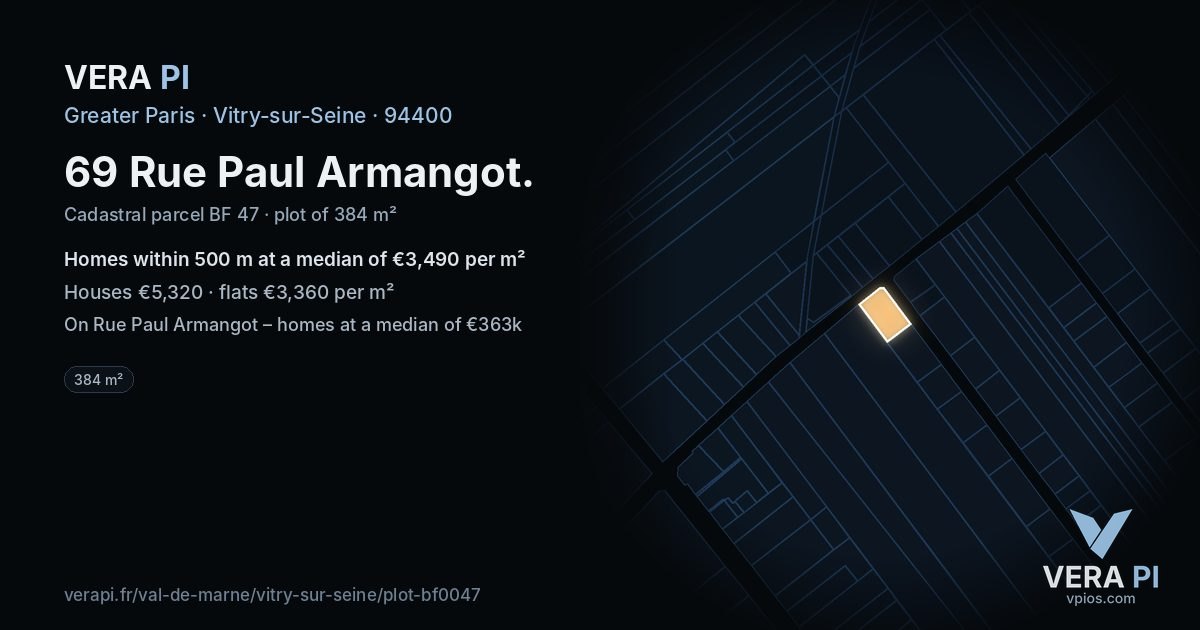 69 Rue Paul Armangot, Vitry-sur-Seine at night – the plot lit, the parcels around coloured by the prices near them