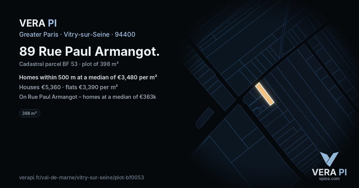 89 Rue Paul Armangot, Vitry-sur-Seine at night – the plot lit, the parcels around coloured by the prices near them
