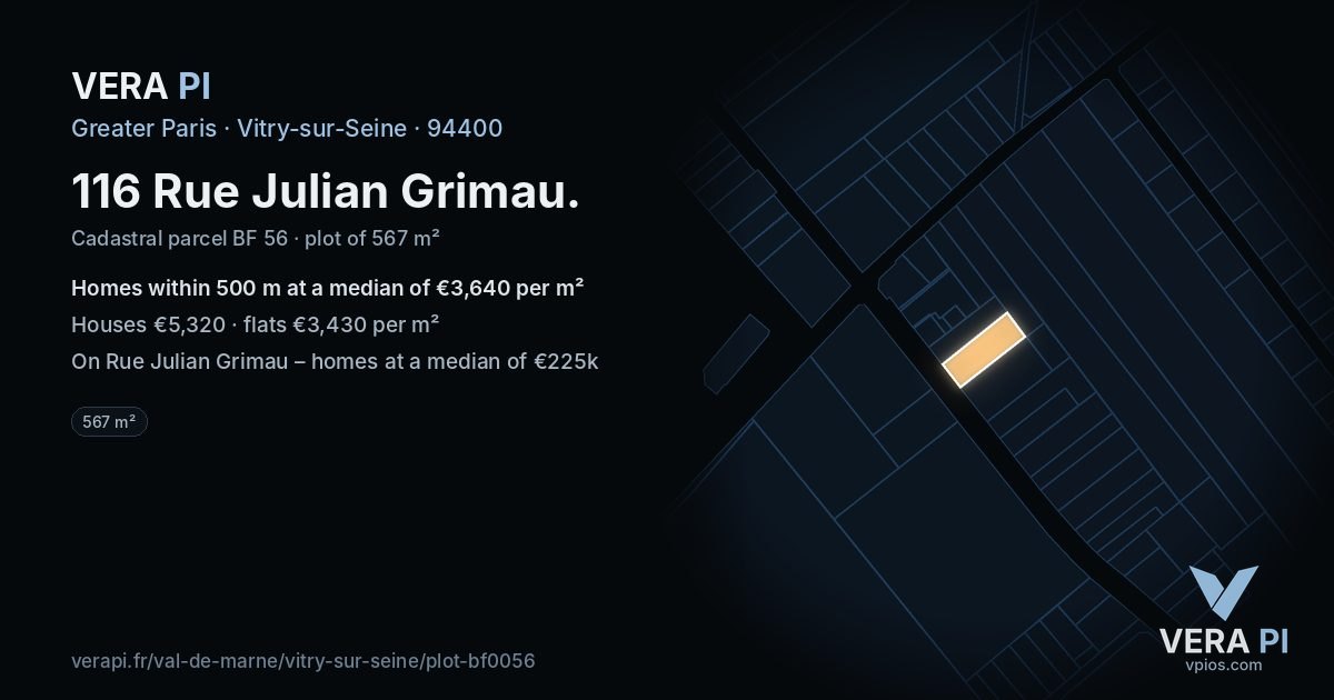 116 Rue Julian Grimau, Vitry-sur-Seine at night – the plot lit, the parcels around coloured by the prices near them