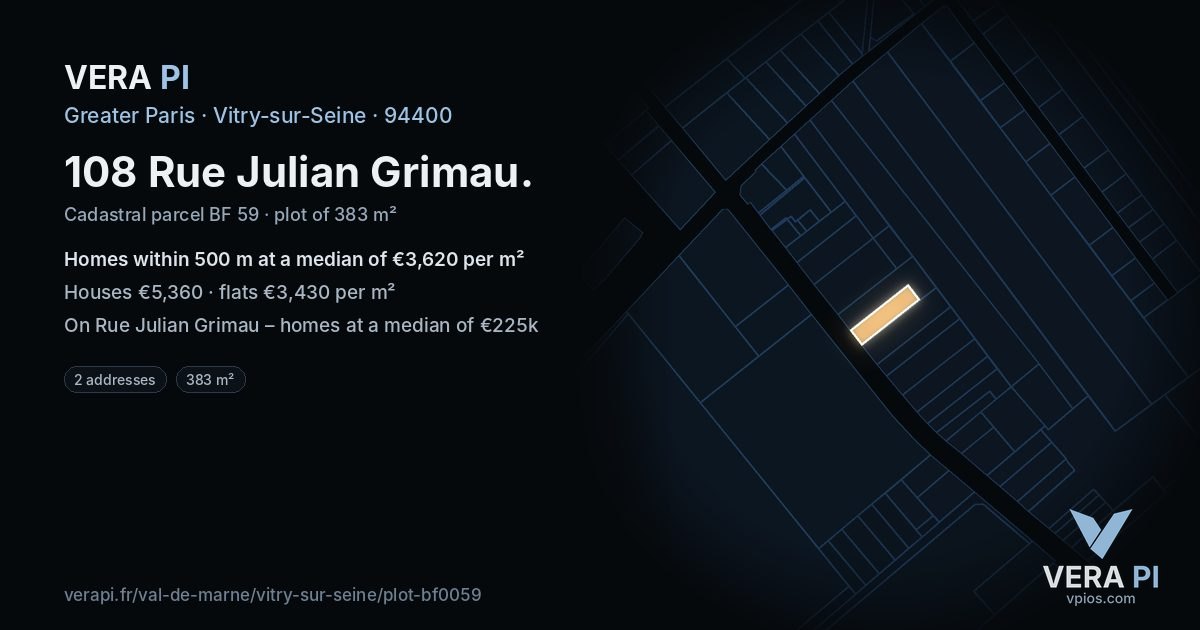 108 Rue Julian Grimau, Vitry-sur-Seine at night – the plot lit, the parcels around coloured by the prices near them