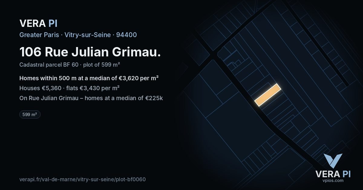 106 Rue Julian Grimau, Vitry-sur-Seine at night – the plot lit, the parcels around coloured by the prices near them