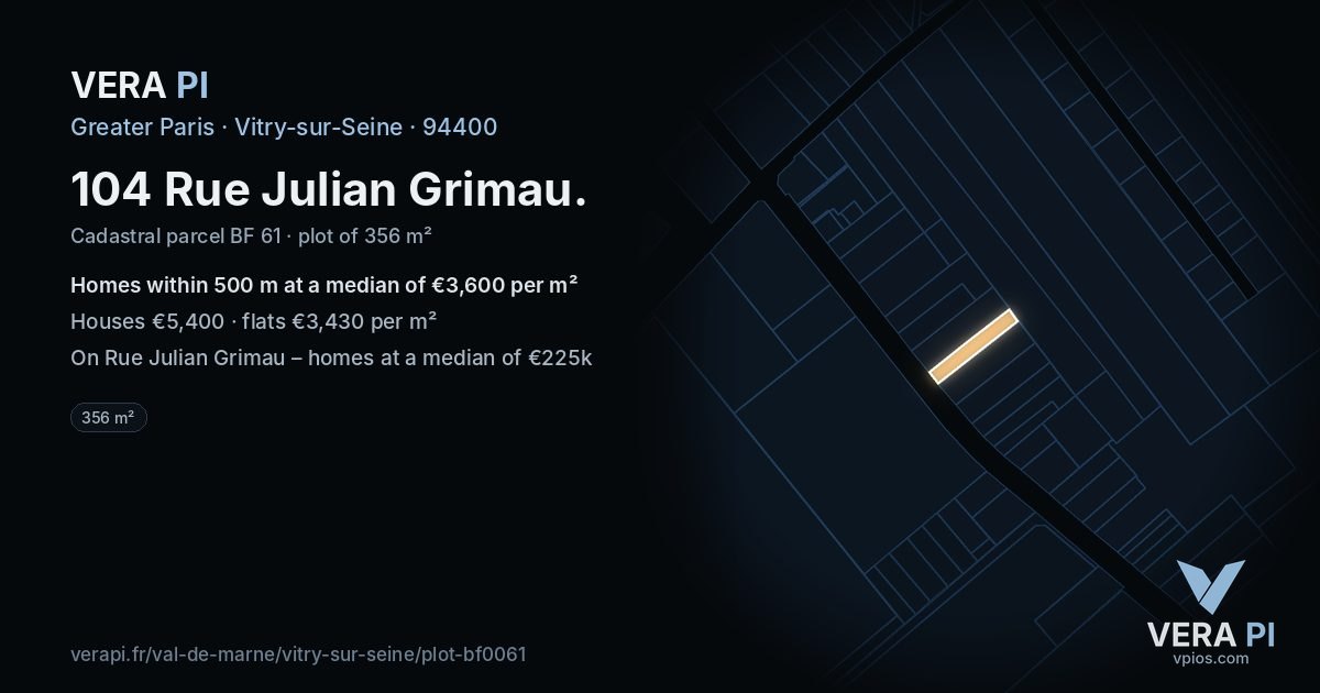 104 Rue Julian Grimau, Vitry-sur-Seine at night – the plot lit, the parcels around coloured by the prices near them