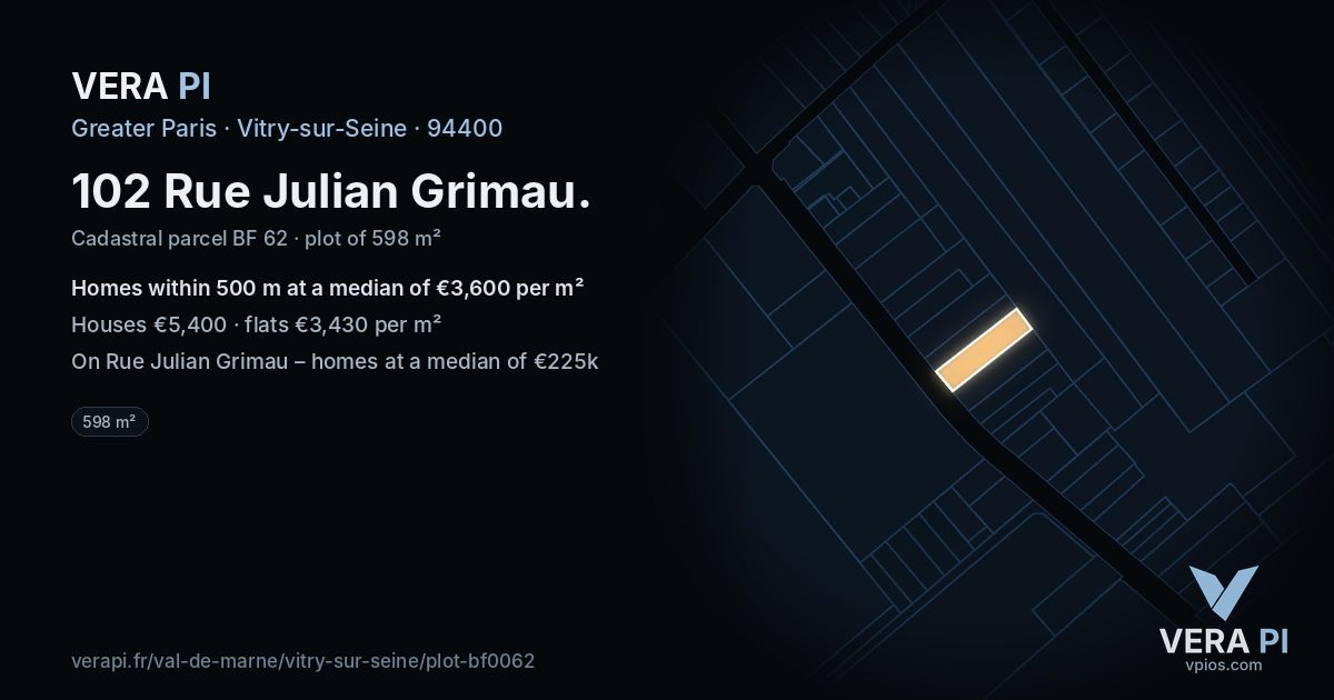102 Rue Julian Grimau, Vitry-sur-Seine at night – the plot lit, the parcels around coloured by the prices near them