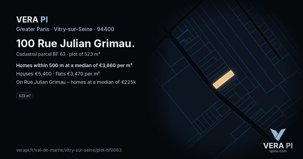 100 Rue Julian Grimau, Vitry-sur-Seine at night – the plot lit, the parcels around coloured by the prices near them