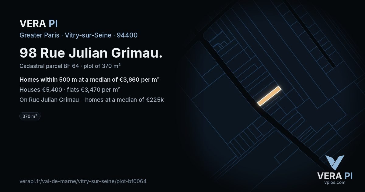 98 Rue Julian Grimau, Vitry-sur-Seine at night – the plot lit, the parcels around coloured by the prices near them