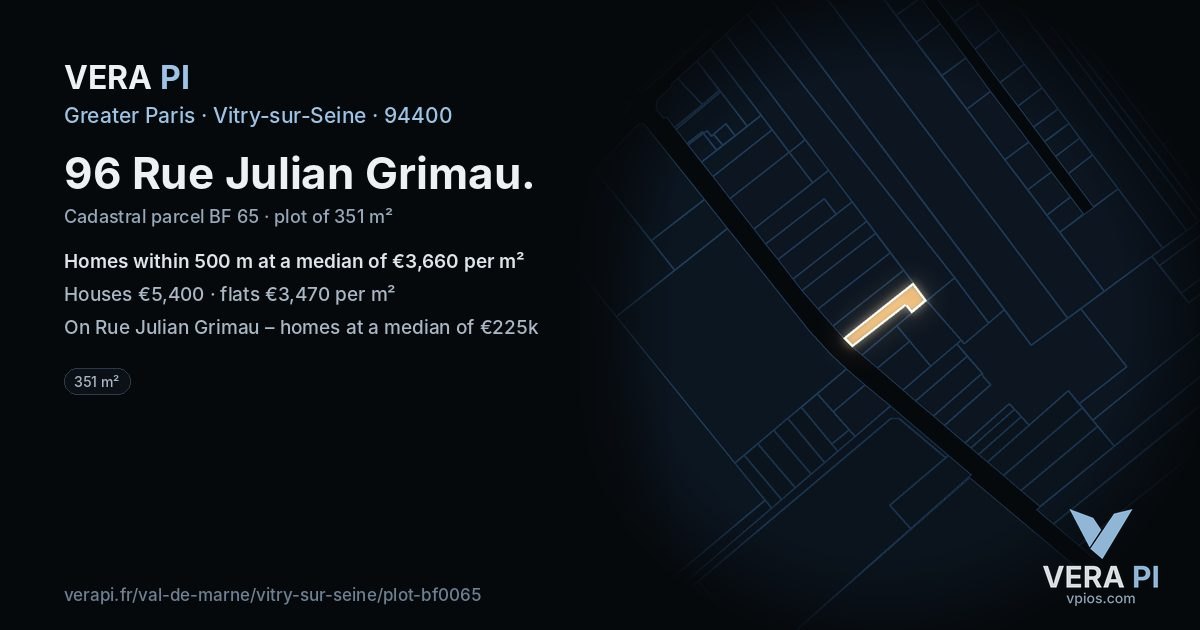 96 Rue Julian Grimau, Vitry-sur-Seine at night – the plot lit, the parcels around coloured by the prices near them