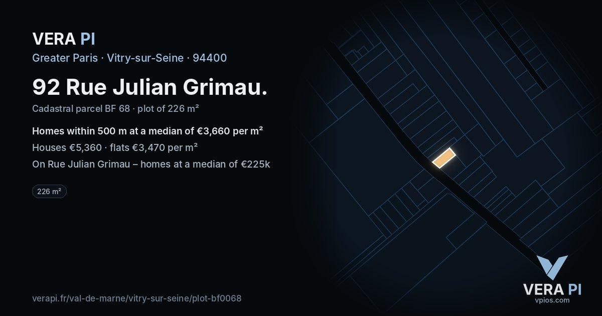 92 Rue Julian Grimau, Vitry-sur-Seine at night – the plot lit, the parcels around coloured by the prices near them
