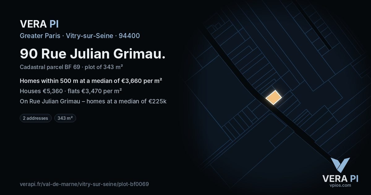 90 Rue Julian Grimau, Vitry-sur-Seine at night – the plot lit, the parcels around coloured by the prices near them