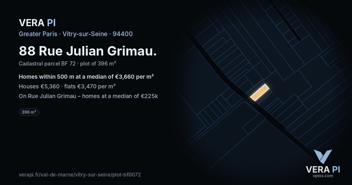 88 Rue Julian Grimau, Vitry-sur-Seine at night – the plot lit, the parcels around coloured by the prices near them