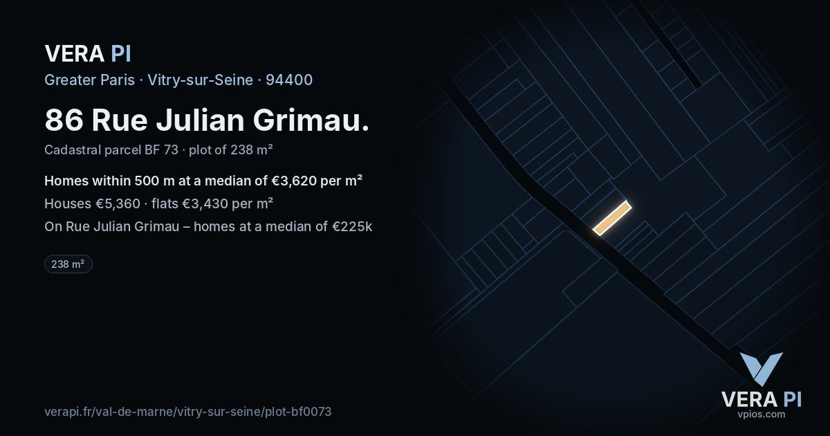 86 Rue Julian Grimau, Vitry-sur-Seine at night – the plot lit, the parcels around coloured by the prices near them