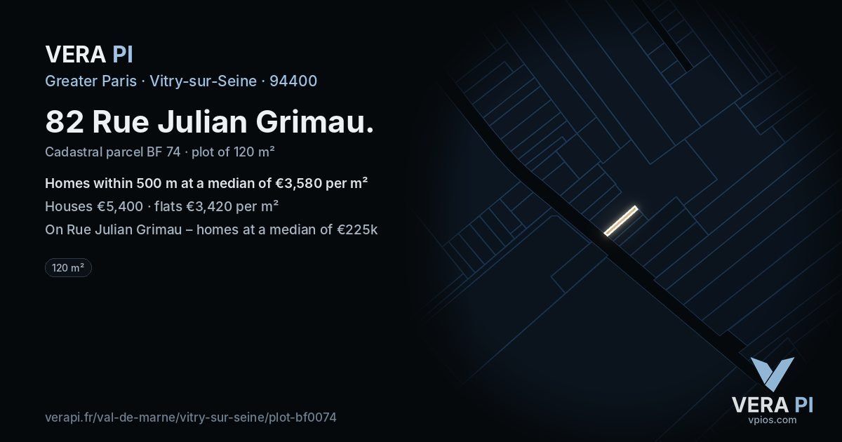 82 Rue Julian Grimau, Vitry-sur-Seine at night – the plot lit, the parcels around coloured by the prices near them