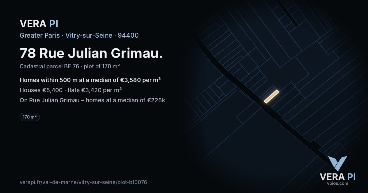 78 Rue Julian Grimau, Vitry-sur-Seine at night – the plot lit, the parcels around coloured by the prices near them