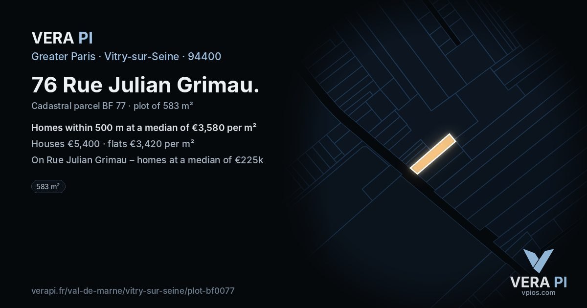 76 Rue Julian Grimau, Vitry-sur-Seine at night – the plot lit, the parcels around coloured by the prices near them