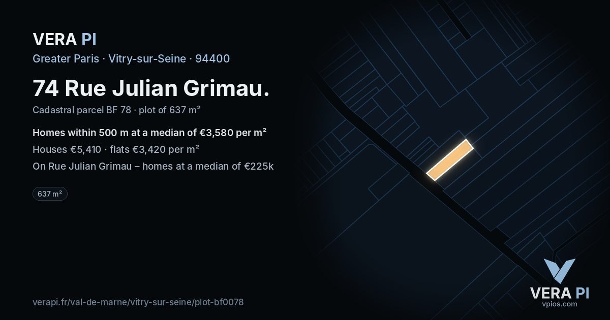 74 Rue Julian Grimau, Vitry-sur-Seine at night – the plot lit, the parcels around coloured by the prices near them