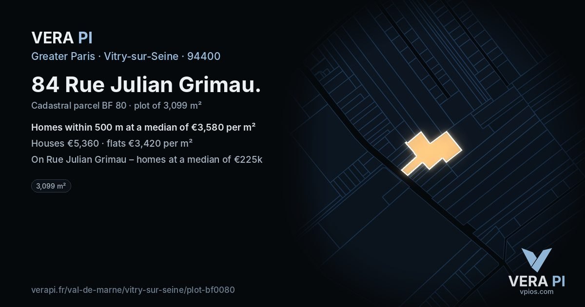 84 Rue Julian Grimau, Vitry-sur-Seine at night – the plot lit, the parcels around coloured by the prices near them