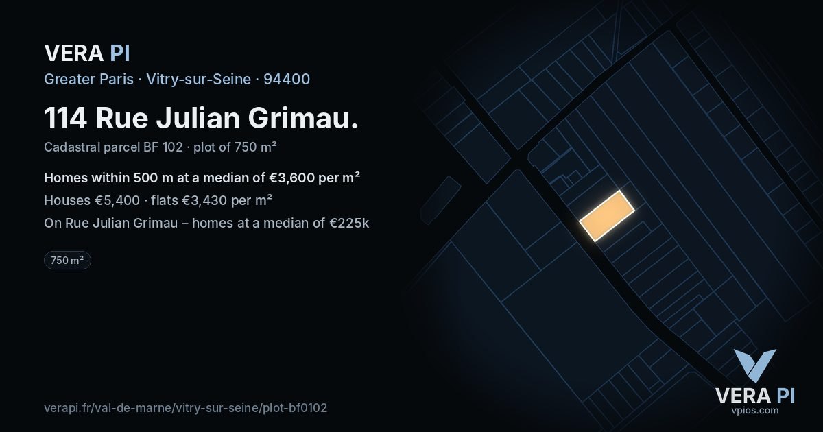 114 Rue Julian Grimau, Vitry-sur-Seine at night – the plot lit, the parcels around coloured by the prices near them