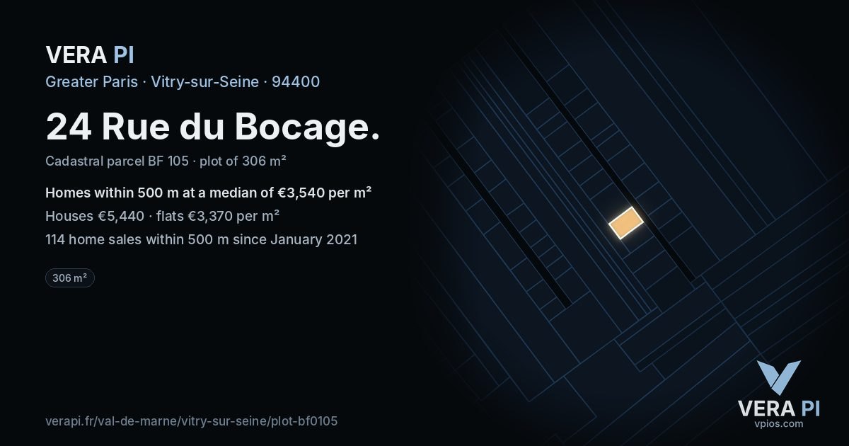24 Rue du Bocage, Vitry-sur-Seine at night – the plot lit, the parcels around coloured by the prices near them
