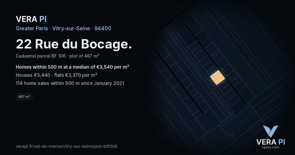 22 Rue du Bocage, Vitry-sur-Seine at night – the plot lit, the parcels around coloured by the prices near them