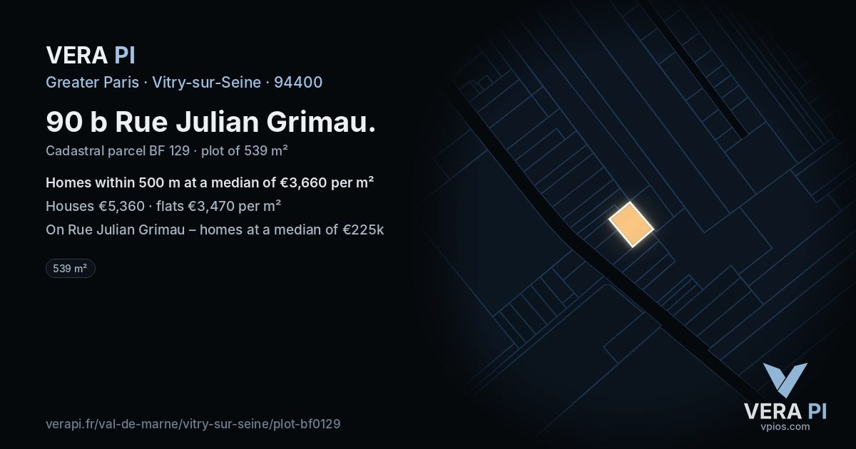 90 b Rue Julian Grimau, Vitry-sur-Seine at night – the plot lit, the parcels around coloured by the prices near them