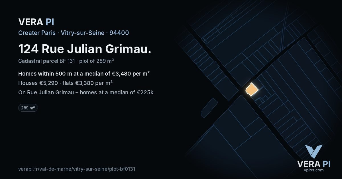 124 Rue Julian Grimau, Vitry-sur-Seine at night – the plot lit, the parcels around coloured by the prices near them