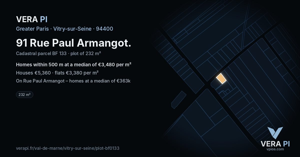 91 Rue Paul Armangot, Vitry-sur-Seine at night – the plot lit, the parcels around coloured by the prices near them