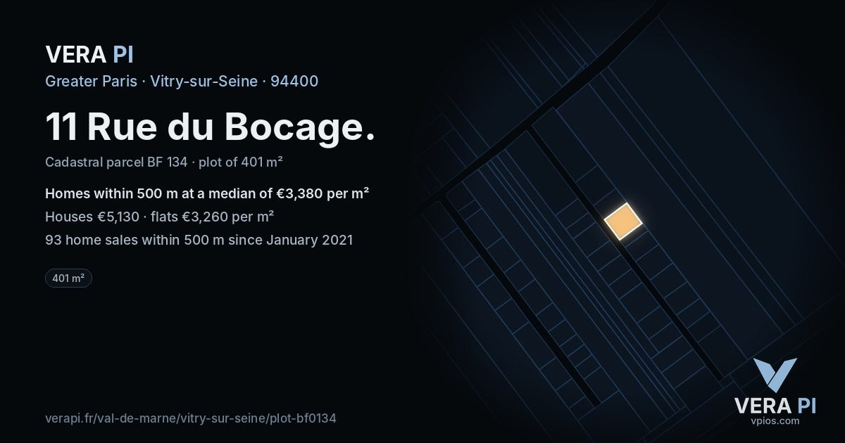 11 Rue du Bocage, Vitry-sur-Seine at night – the plot lit, the parcels around coloured by the prices near them