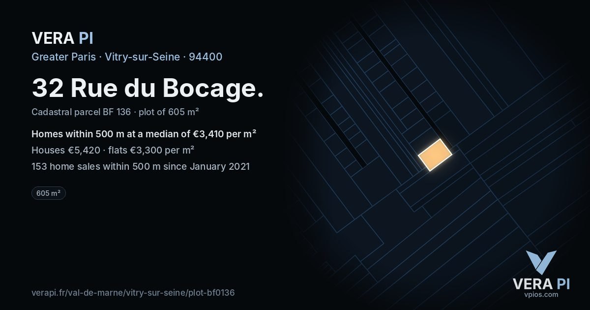 32 Rue du Bocage, Vitry-sur-Seine at night – the plot lit, the parcels around coloured by the prices near them