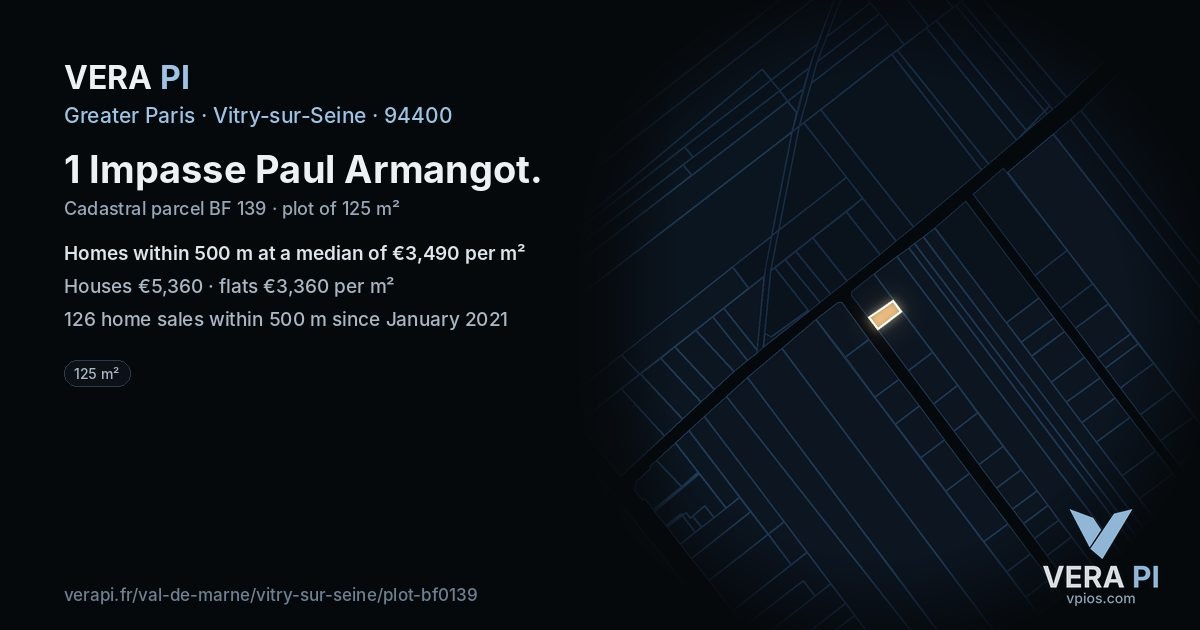 1 Impasse Paul Armangot, Vitry-sur-Seine at night – the plot lit, the parcels around coloured by the prices near them